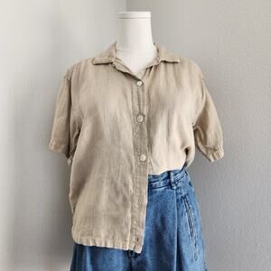 Vintage 90s Linen Beige Button Up Short Sleeve Camp Collar Shirt Sunbelt M